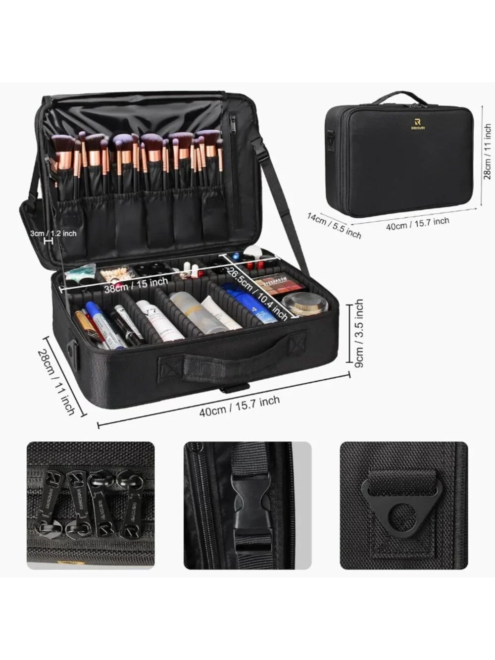 Large Makeup Case - Waterproof Travel Cosmetic Organizer, 3-Layer Brush Holder